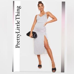 Pretty Little Thing White Polka Dot‎ Satin Open Back Midi Slip Dress Sz 12
